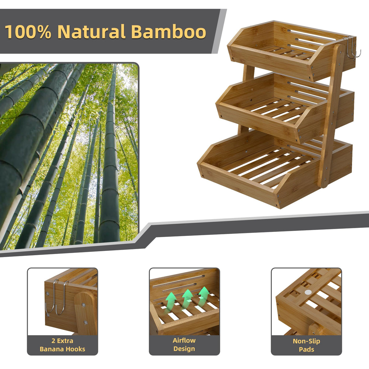 Walnut Bamboo 3 Tier Fruit Basket with 2 Banana Hangers M7230