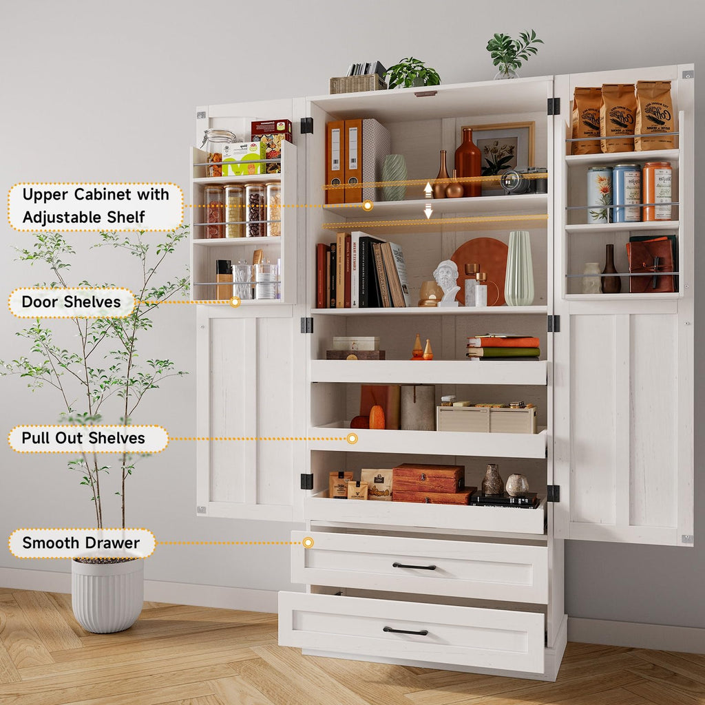 71" Off-White Kitchen Pantry Cabinet with 3 Pull-Out Shelf & 2 Drawer U7977