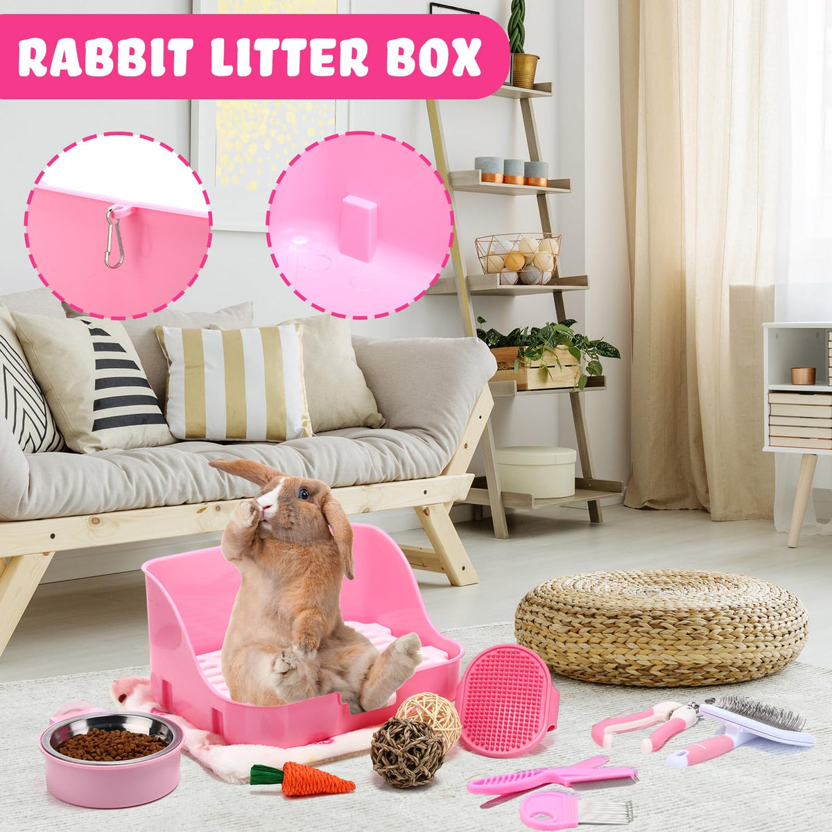 15 Pcs Rabbit Starter Kit Litter Box Grooming Kit Toys Bowl Blankets Cleaning Set Pink U544967