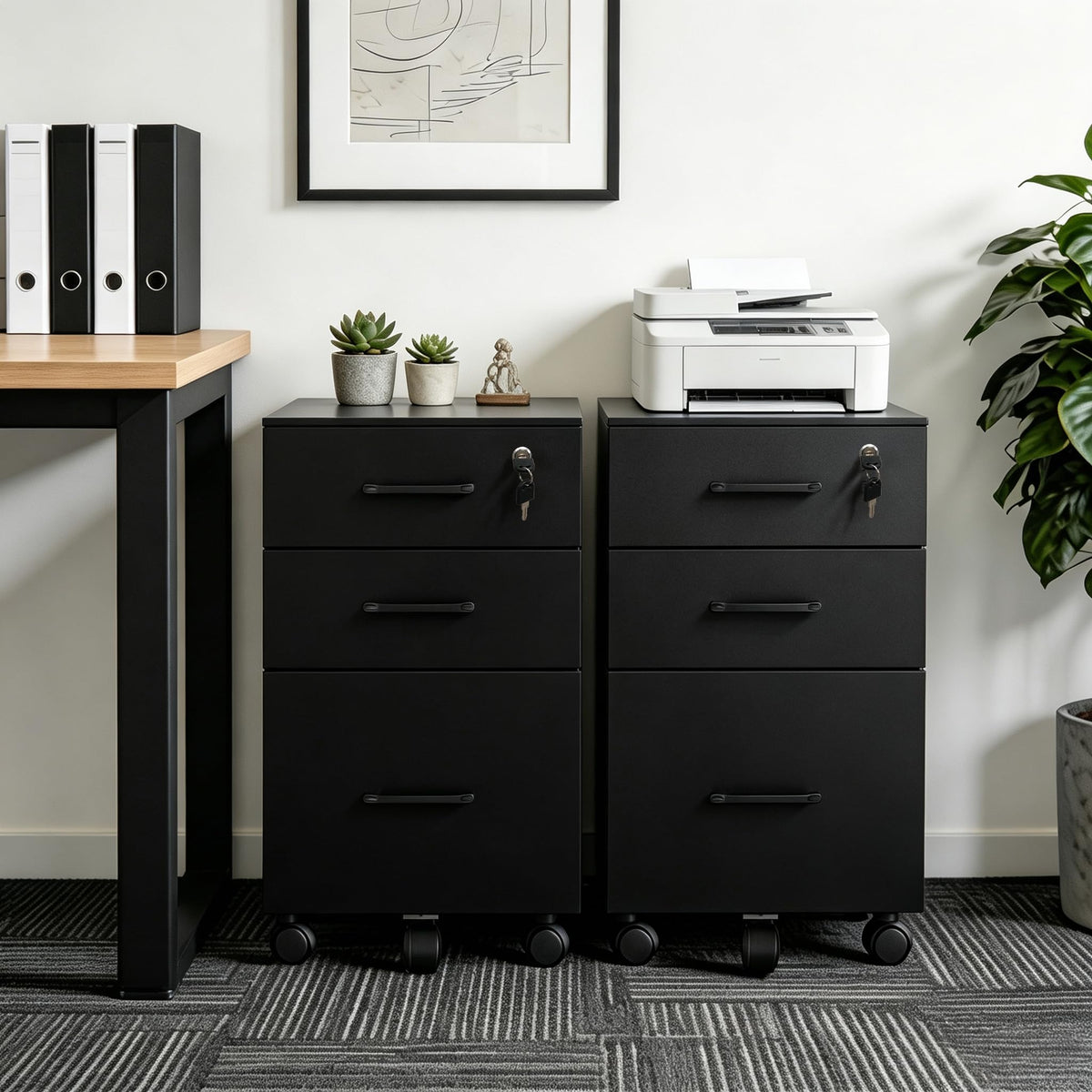 3 Drawer Black Wood File Cabinet with Lock R2213
