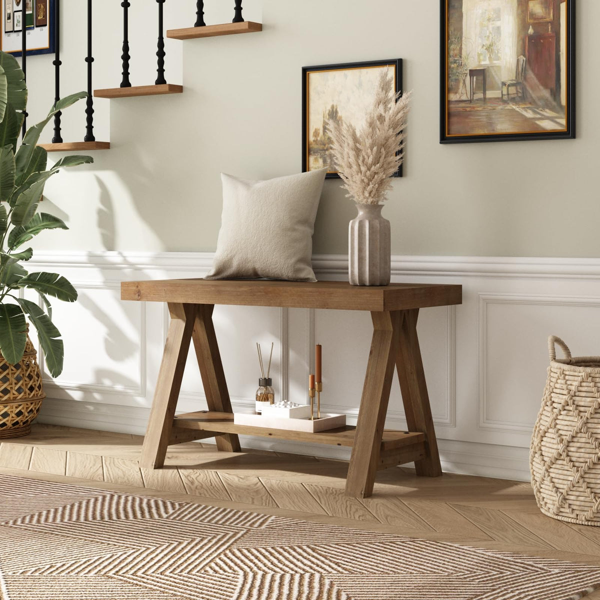 Solid Wood Bench with Shoe Storage P7739