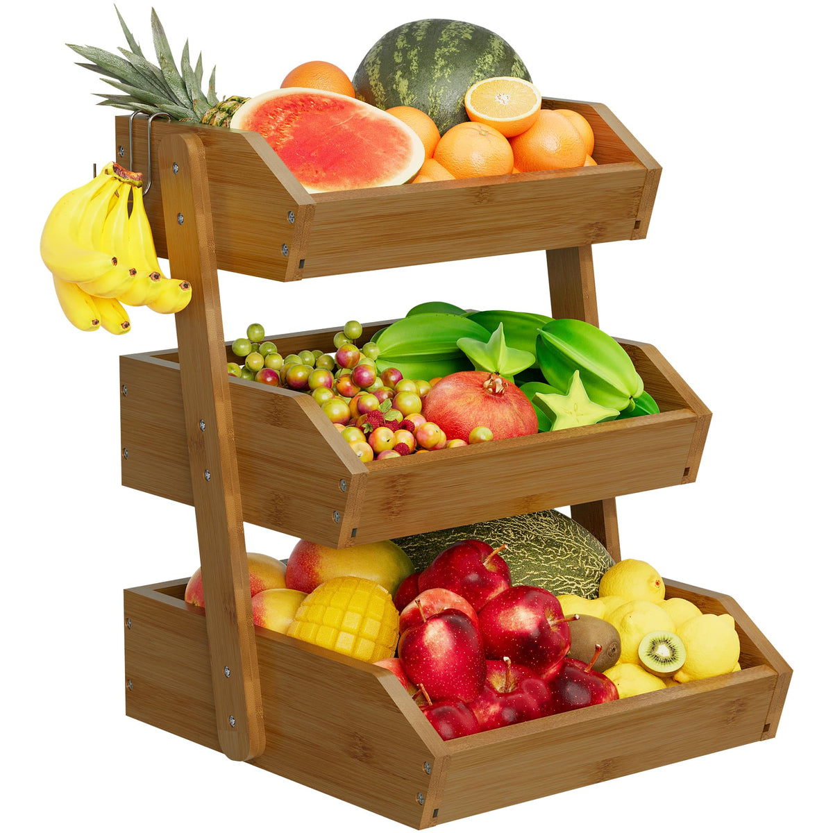 Walnut Bamboo 3 Tier Fruit Basket with 2 Banana Hangers M7230