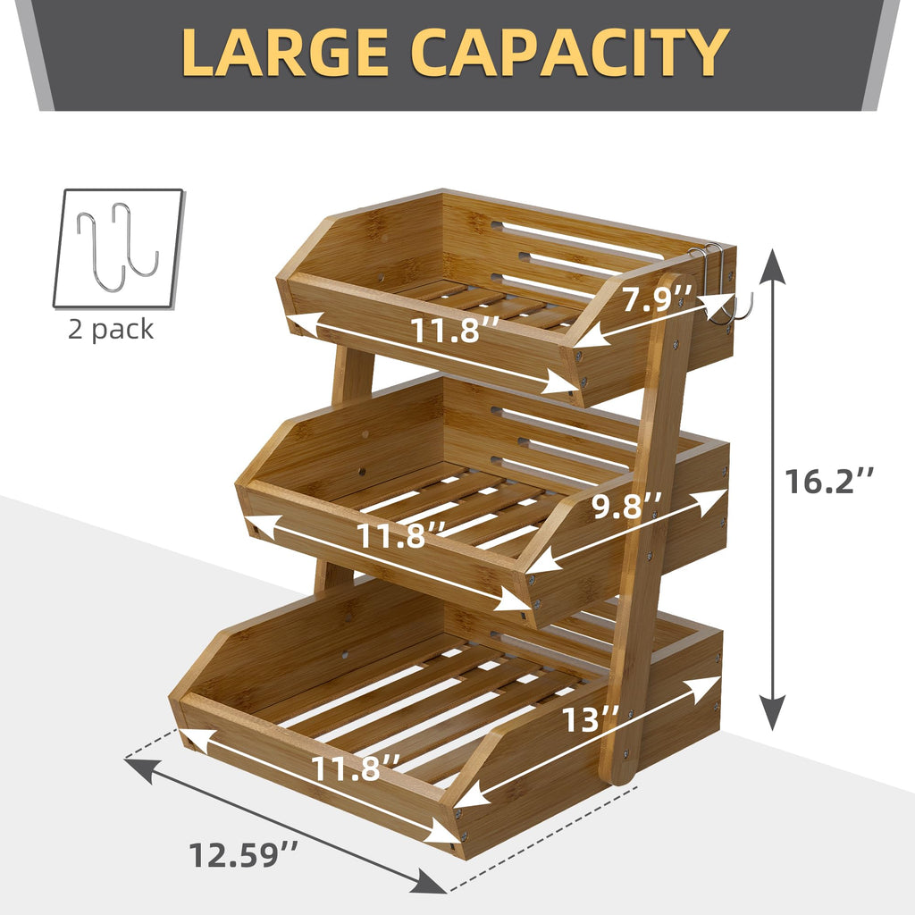 Walnut Bamboo 3 Tier Fruit Basket with 2 Banana Hangers M7230