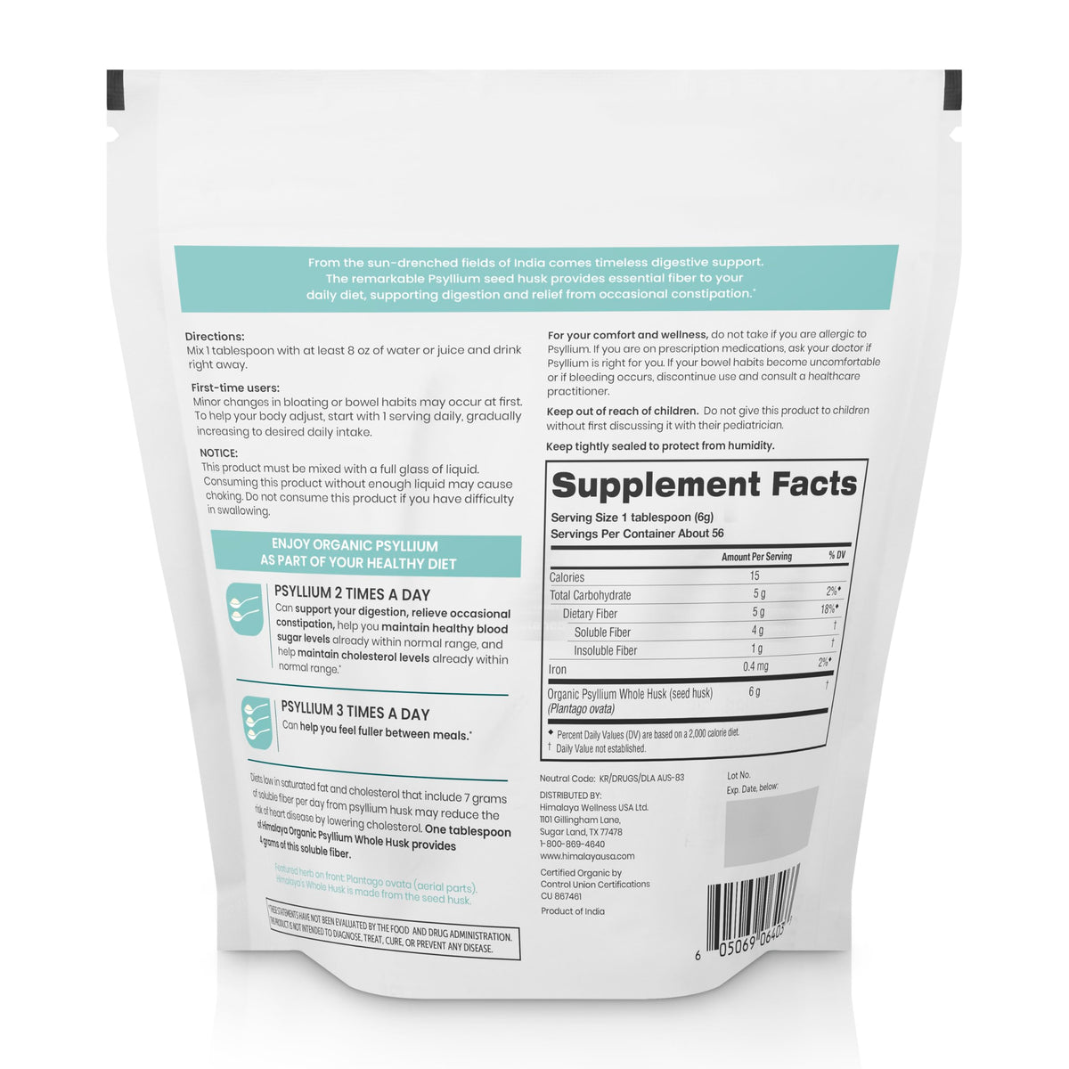 Organic Psyllium Whole Husk Fiber Supplement, Unflavored, 12 oz S4104
