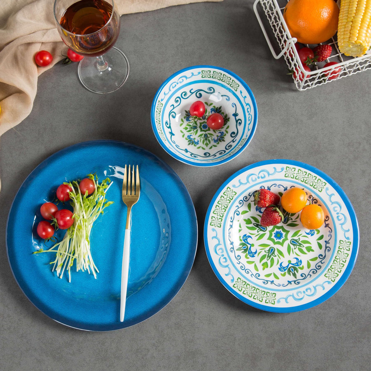 Melamine Dinnerware Set for 4, 12-Piece Blue Floral S893206