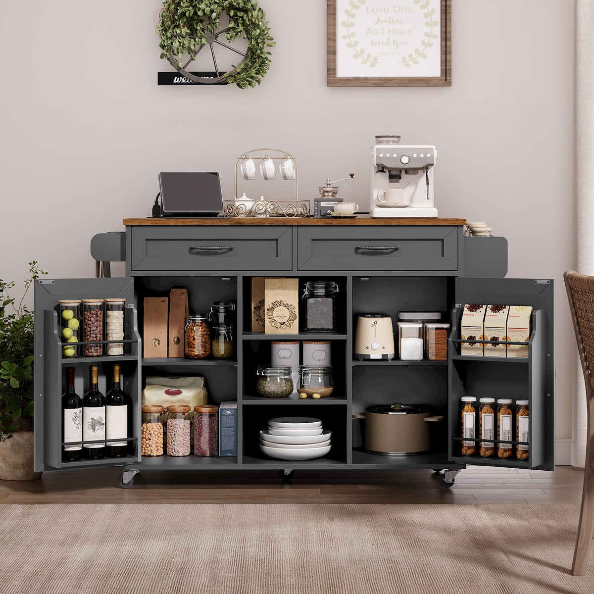 Black and Rustic Brown Kitchen Island with Power Outlets and Drop Leaf A59061