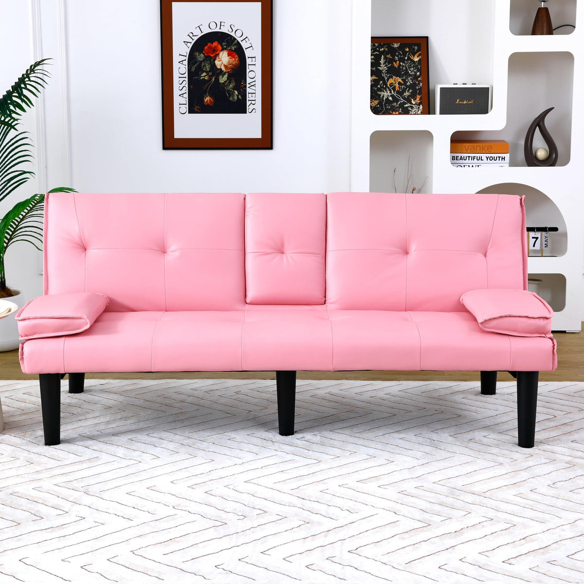 Pink 3 in 1 Convertible Sleeper Sofa Bed with Cup Holder J178