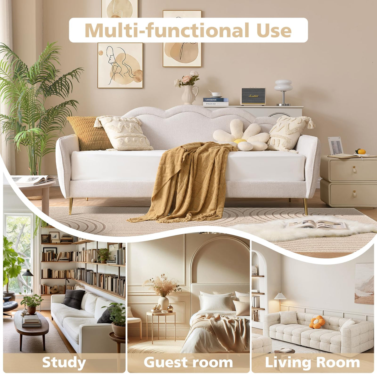 Twin Size Upholstered Linen Daybed with Metal Legs M38756