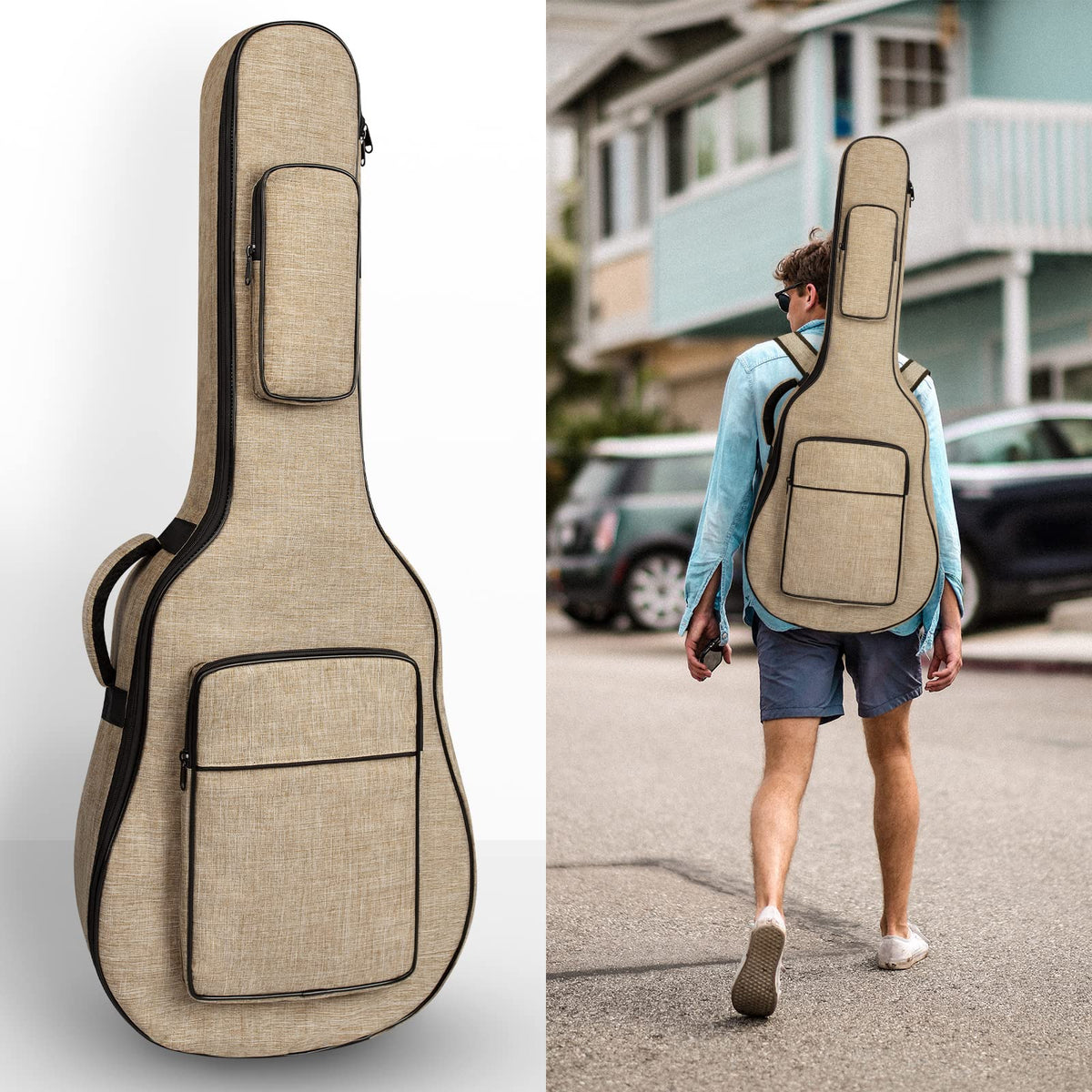 Khaki Acoustic Guitar Bag with Waterproof Padding and Shoulder Strap U902