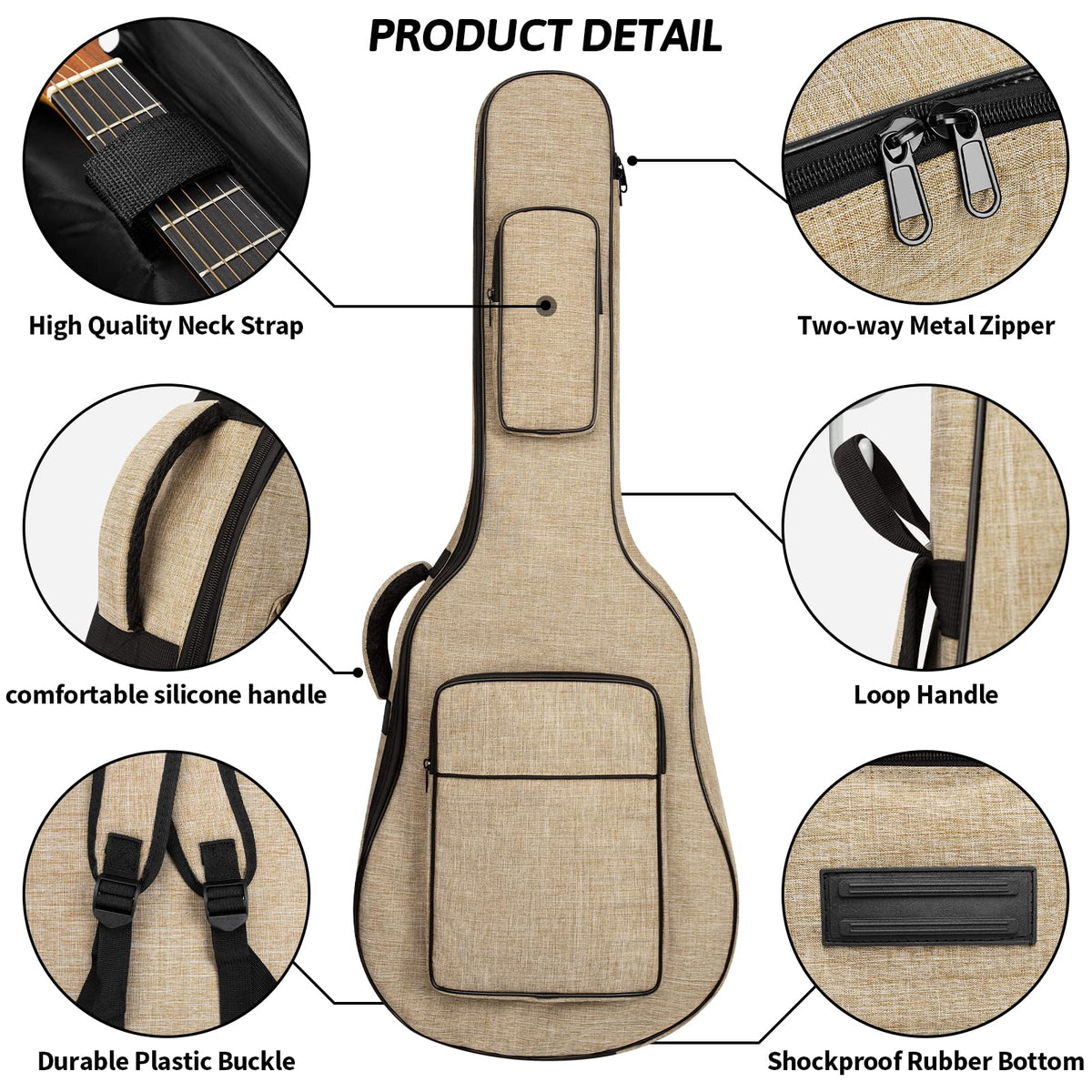 Khaki Acoustic Guitar Bag with Waterproof Padding and Shoulder Strap U902