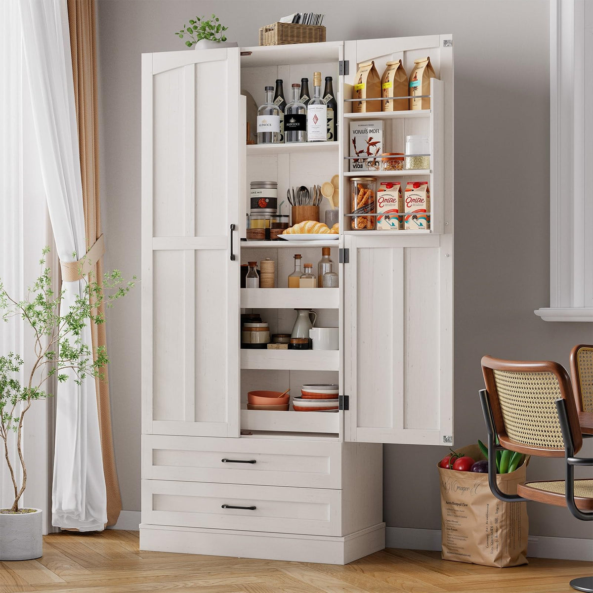 71" Off-White Kitchen Pantry Cabinet with 3 Pull-Out Shelf & 2 Drawer U7977