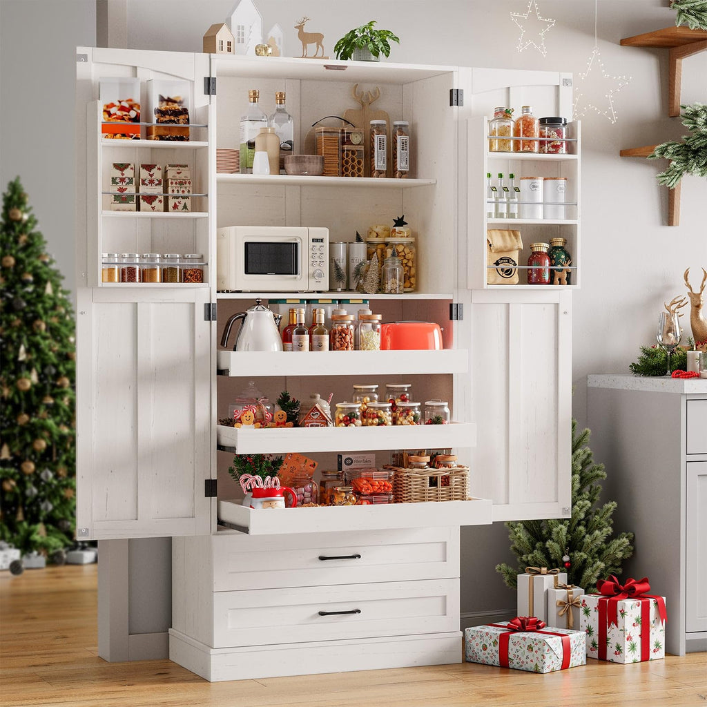 71" Off-White Kitchen Pantry Cabinet with 3 Pull-Out Shelf & 2 Drawer U7977