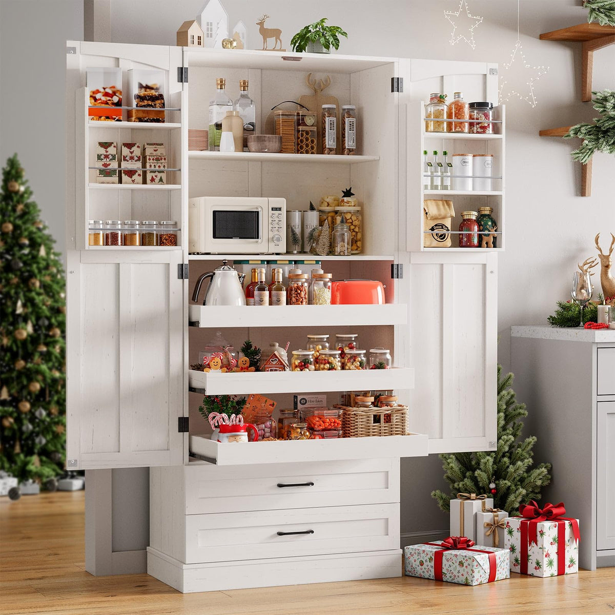 71" Off-White Kitchen Pantry Cabinet with 3 Pull-Out Shelf & 2 Drawer U7977