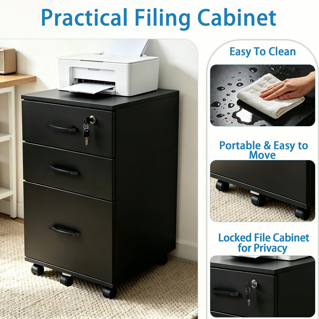 3 Drawer Black Wood File Cabinet with Lock R2213