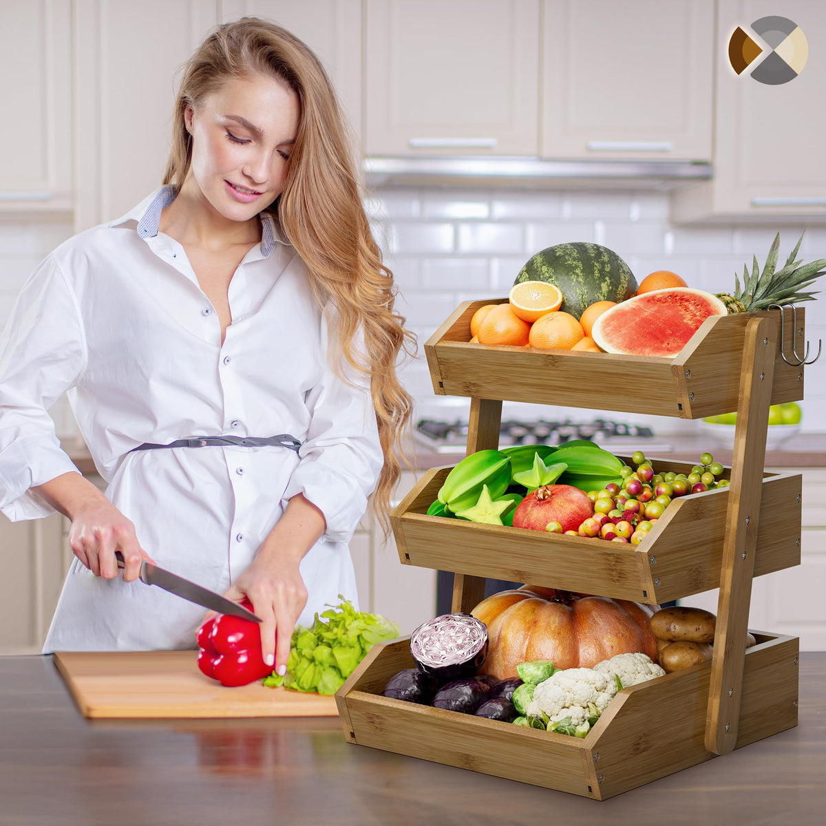 Walnut Bamboo 3 Tier Fruit Basket with 2 Banana Hangers M7230