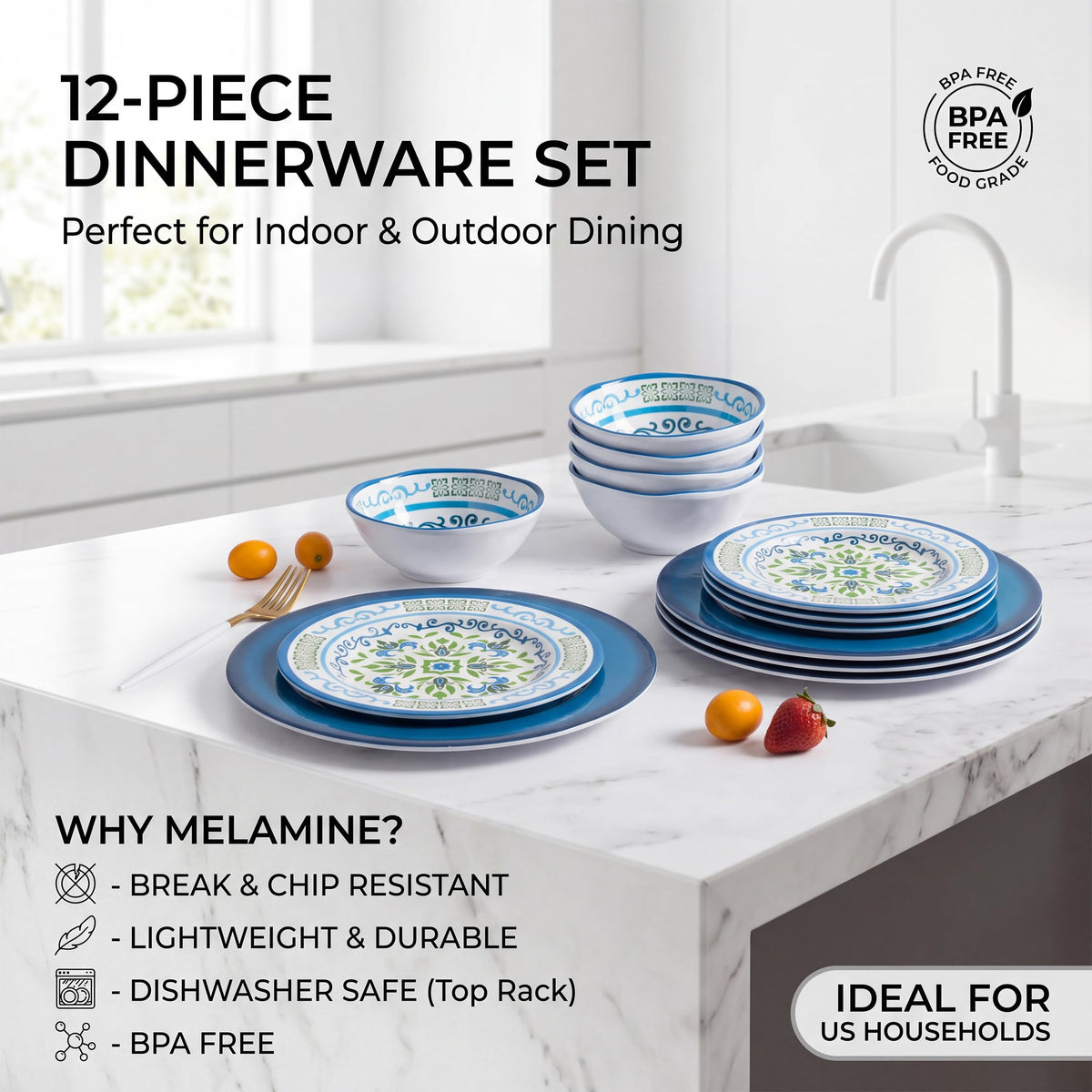 Melamine Dinnerware Set for 4, 12-Piece Blue Floral S893206