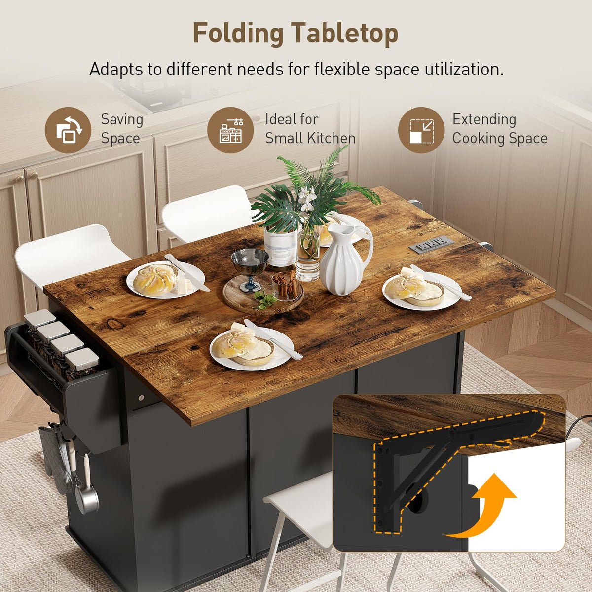 Black and Rustic Brown Kitchen Island with Power Outlets and Drop Leaf A59061