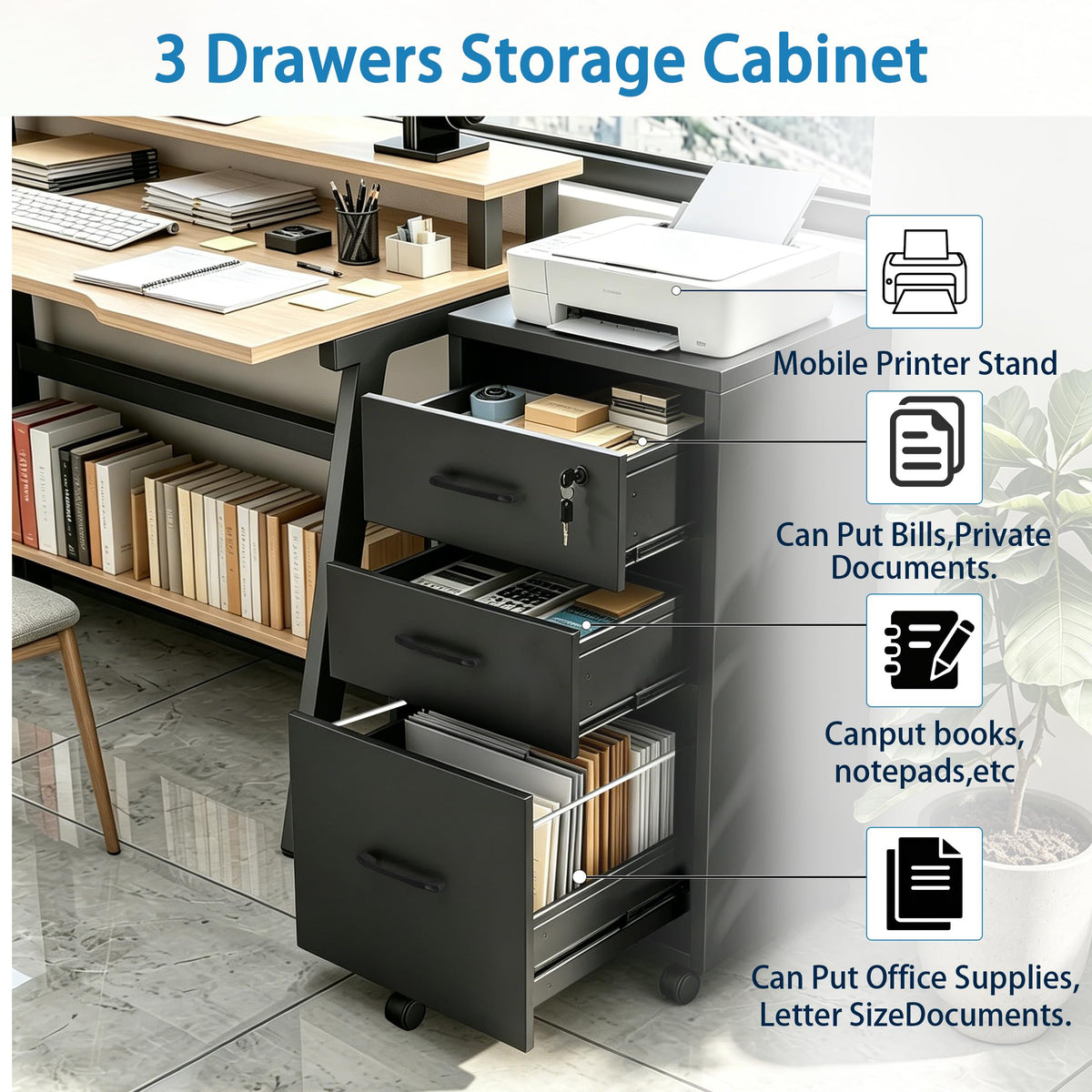 3 Drawer Black Wood File Cabinet with Lock R2213