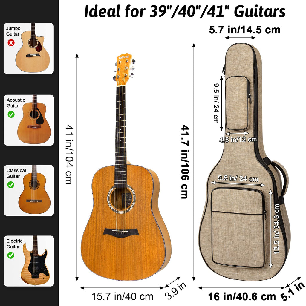 Khaki Acoustic Guitar Bag with Waterproof Padding and Shoulder Strap U902