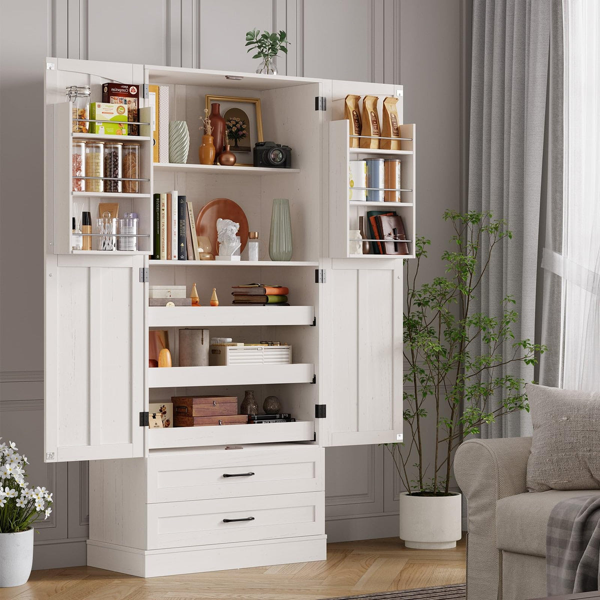 71" Off-White Kitchen Pantry Cabinet with 3 Pull-Out Shelf & 2 Drawer U7977