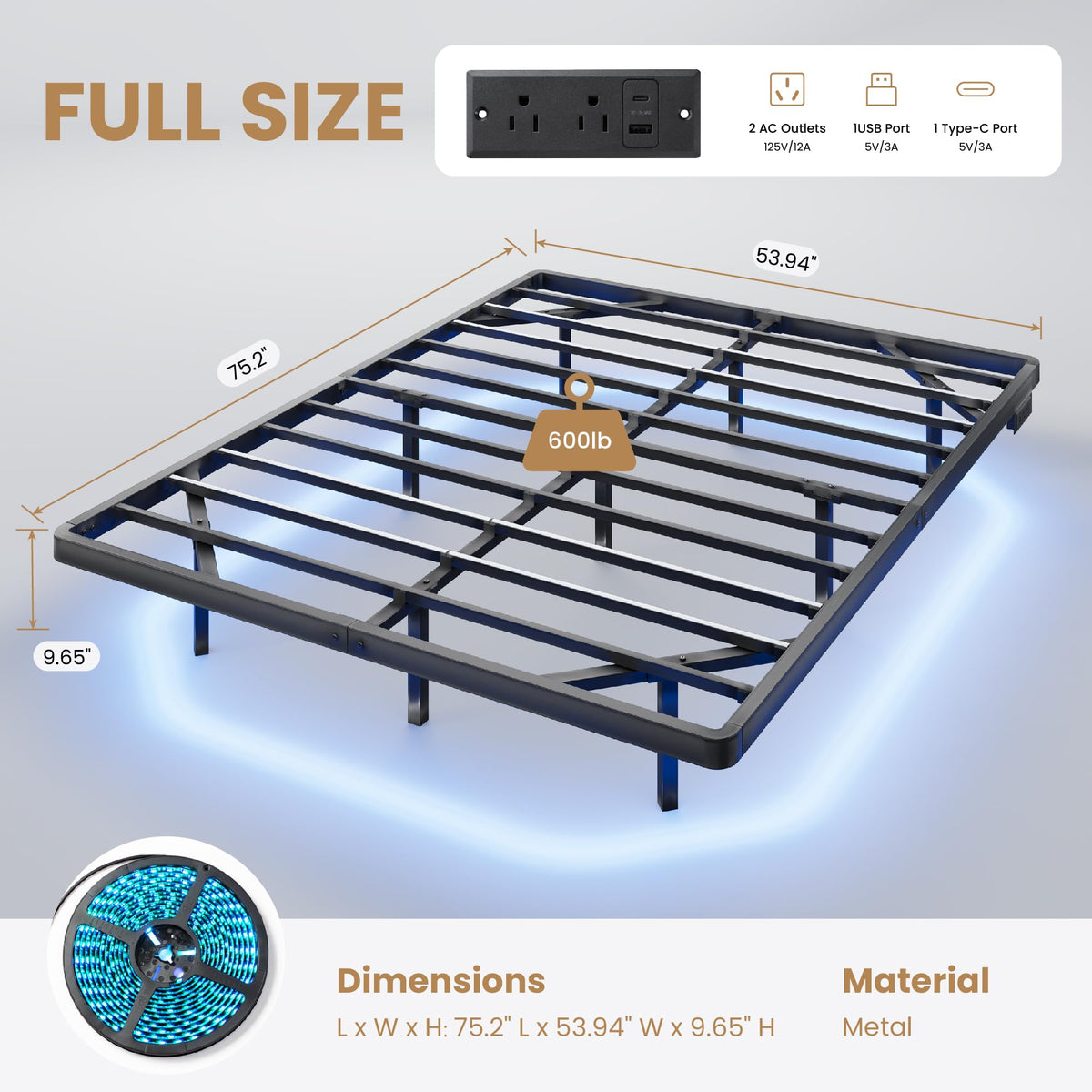 Full Size Floating Bed Frame with LED Lights, Black U114364