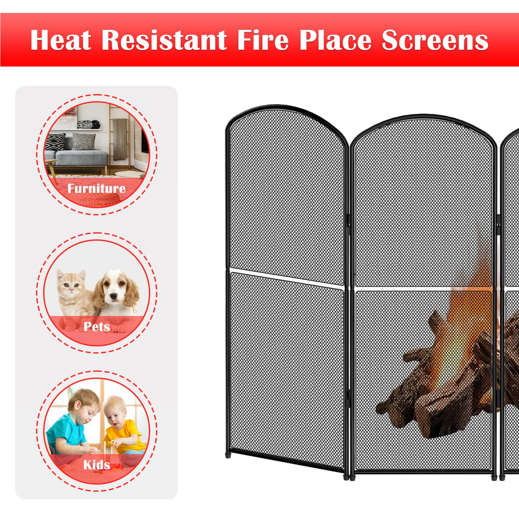 Black 4 Panel Metal Foldable Fireplace Screen W2293
