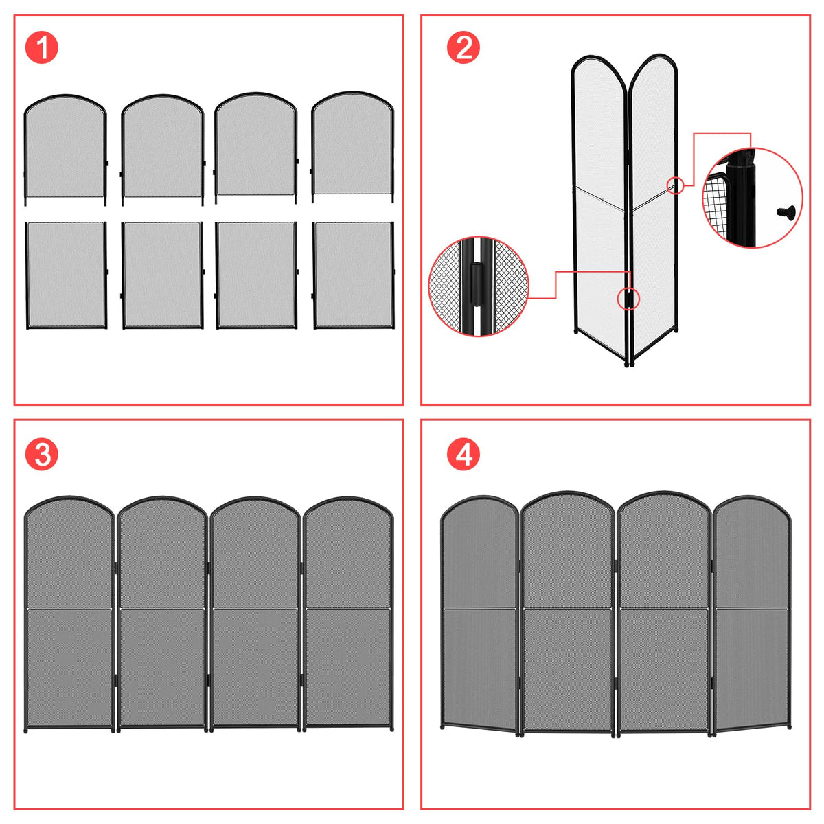 Black 4 Panel Metal Foldable Fireplace Screen W2293