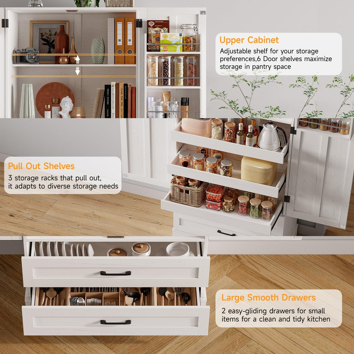 71" Off-White Kitchen Pantry Cabinet with 3 Pull-Out Shelf & 2 Drawer U7977