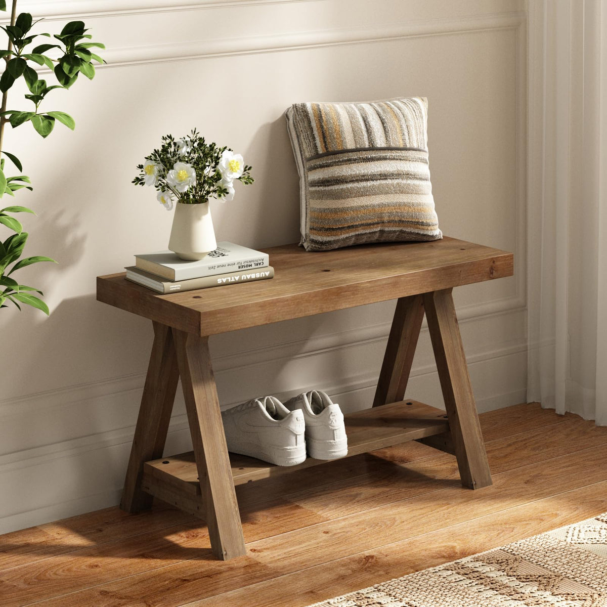 Solid Wood Bench with Shoe Storage P7739