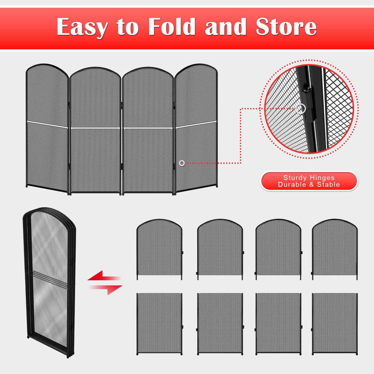 Black 4 Panel Metal Foldable Fireplace Screen W2293