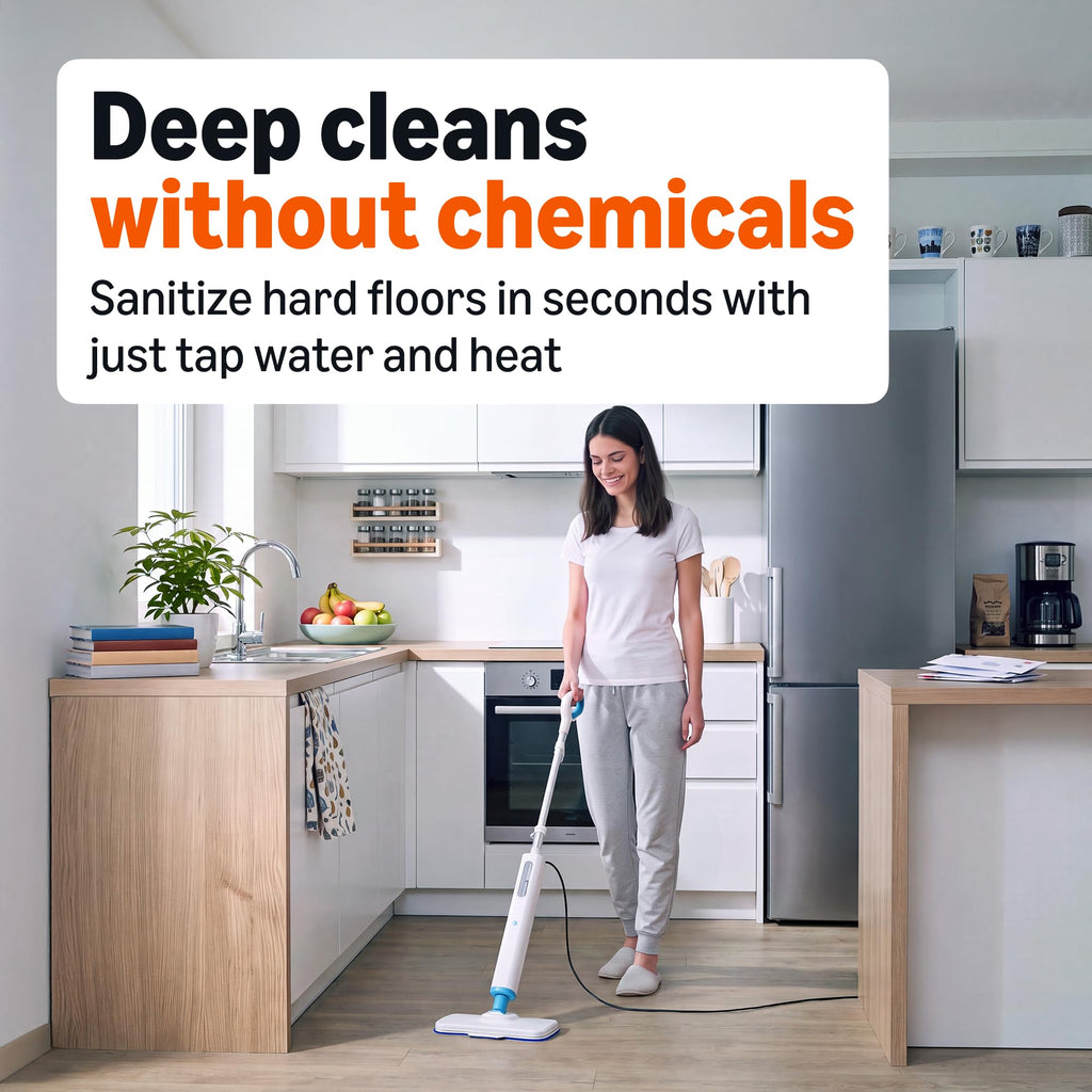Steam Mop for Sealed Hard Floors, 3 Washable Pads, 20-Foot Cord, White W938969