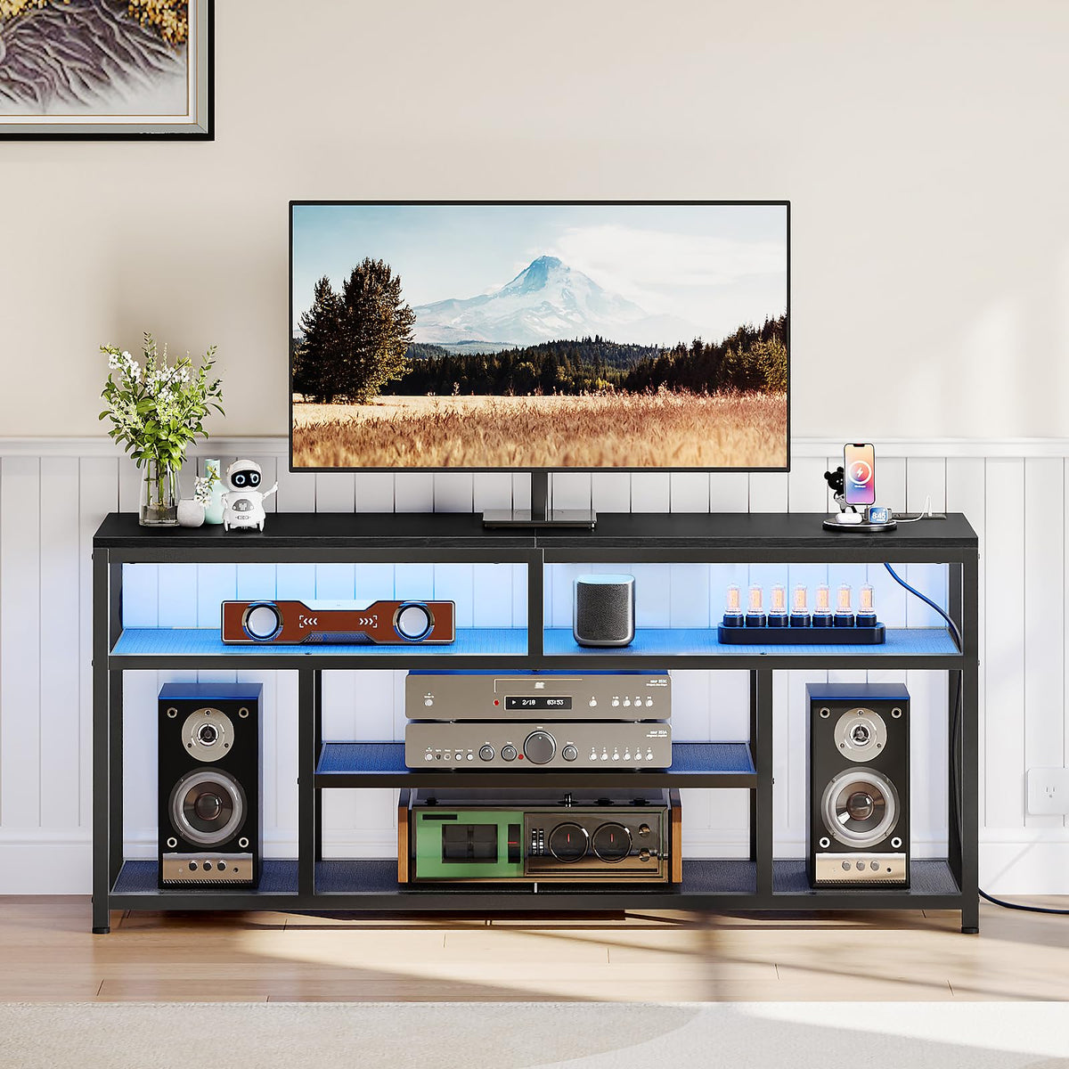 Black 4-Tier LED TV Stand with Charging Station F78905