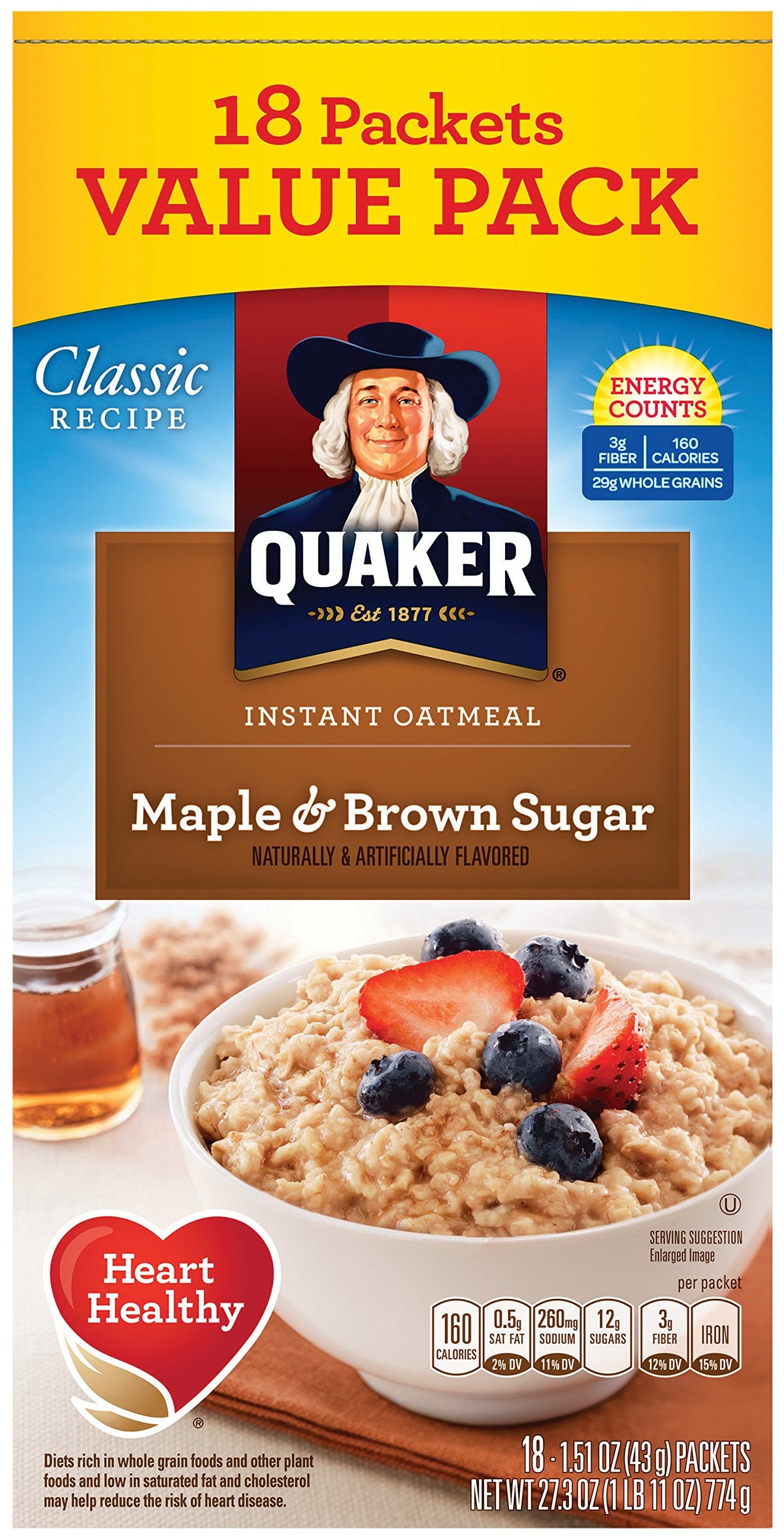 Instant Oatmeal Maple Brown Sugar 18 Count Pack of 4 U85045