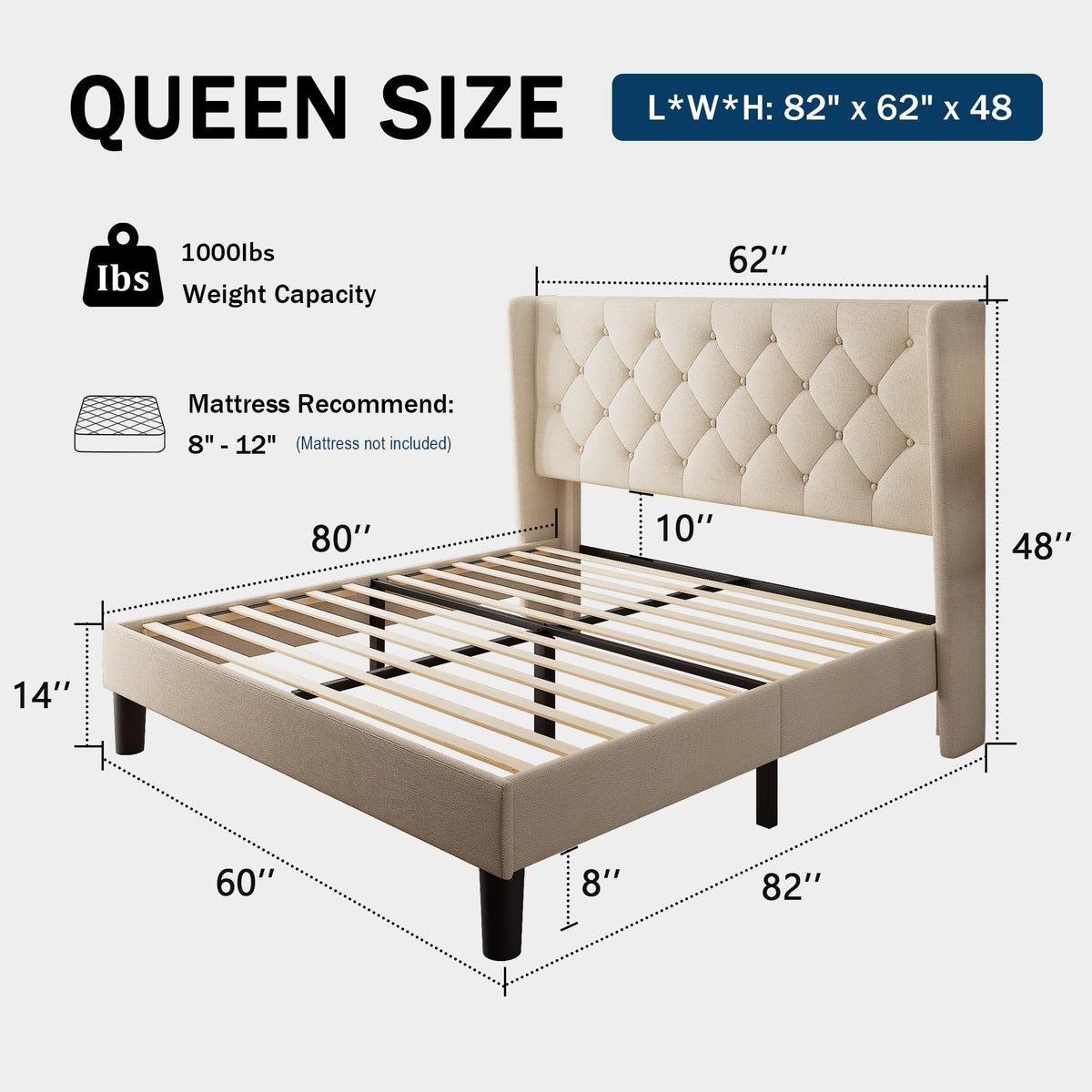 Queen Size Beige Upholstered Platform Bed Frame L82782