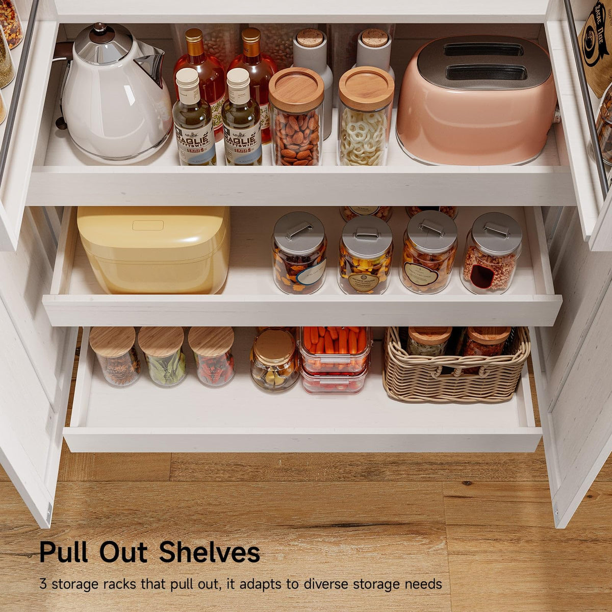 71" Off-White Kitchen Pantry Cabinet with 3 Pull-Out Shelf & 2 Drawer U7977