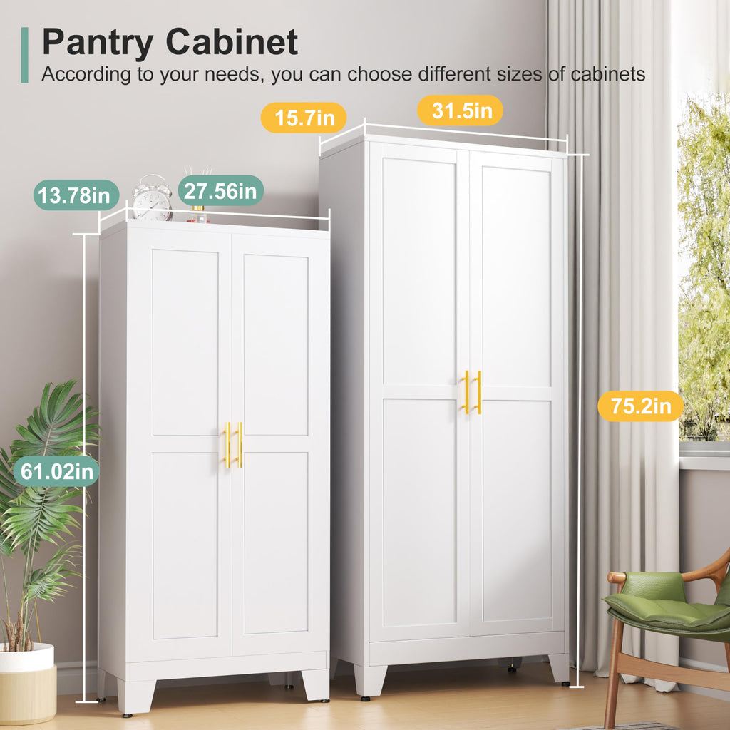 White Metal Pantry Cabinet with 2 Doors and Adjustable Shelves X9151