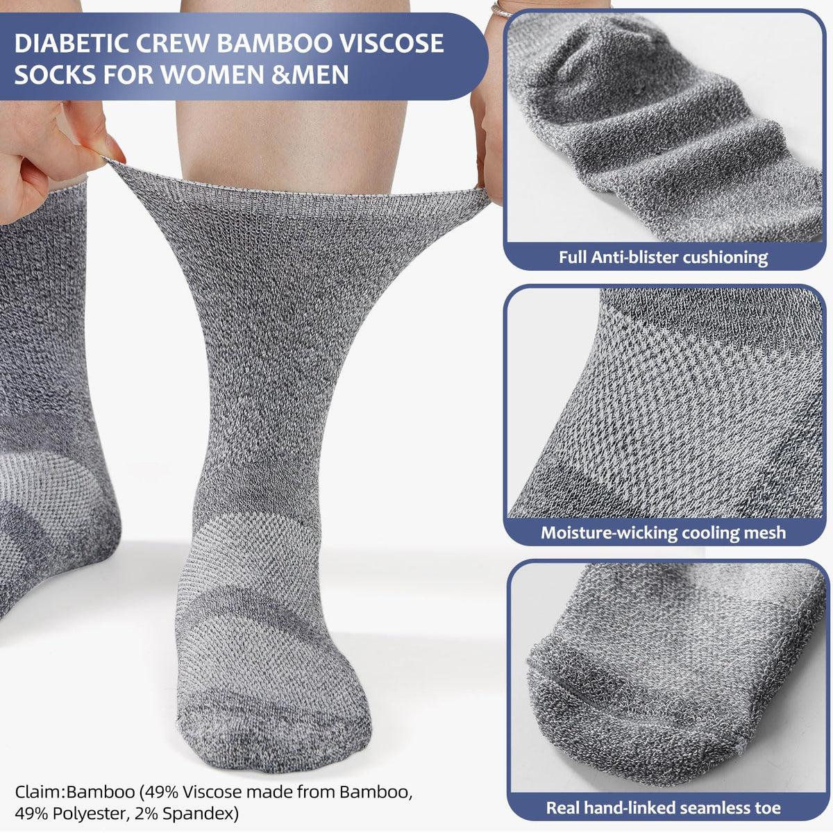 6 Pairs Non Binding Seamless Toe Crew Socks D858