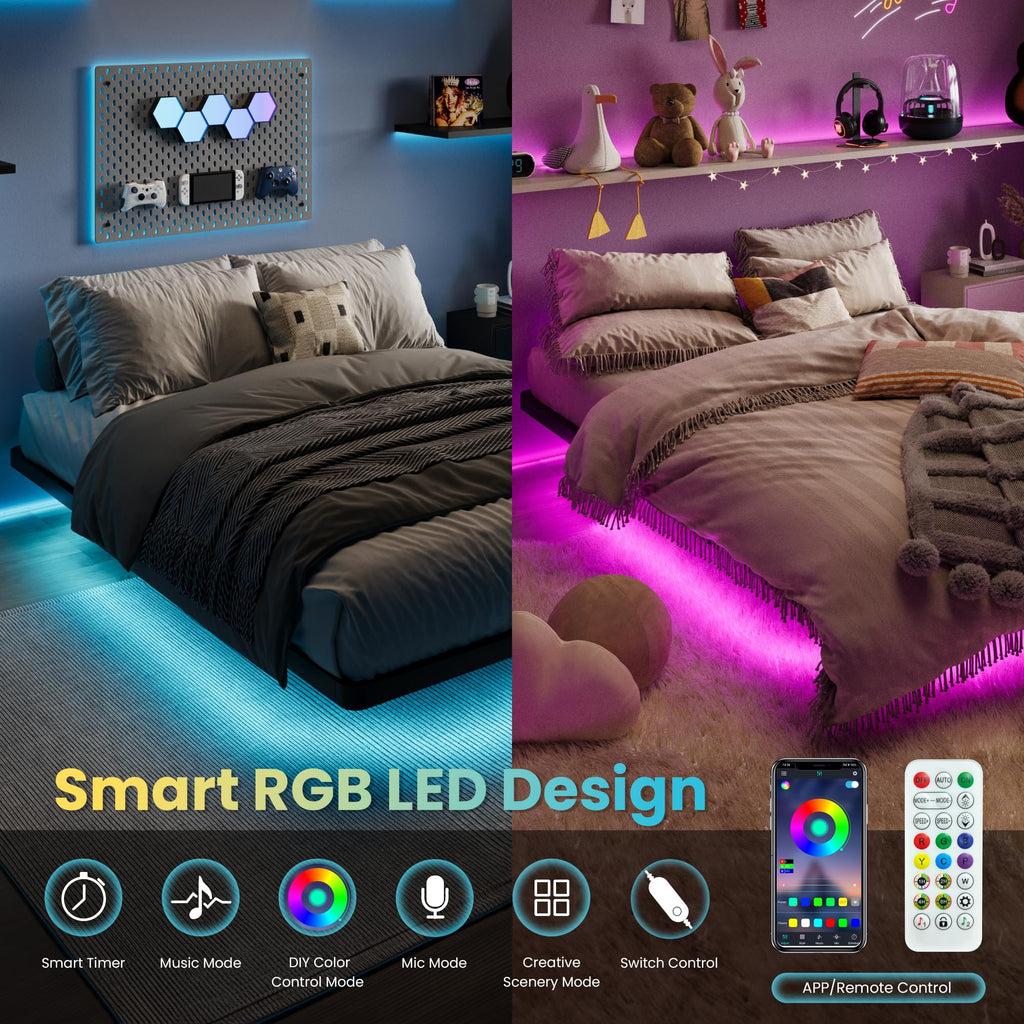 Full Size Floating Bed Frame with LED Lights, Black U114364
