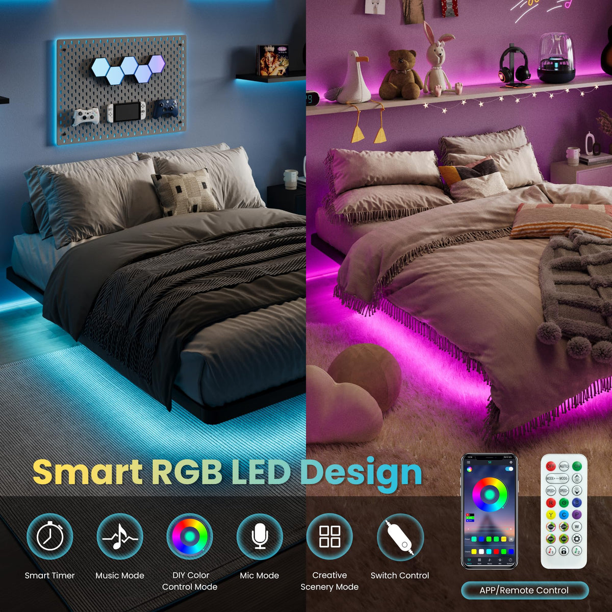 Full Size Floating Bed Frame with LED Lights, Black U114364