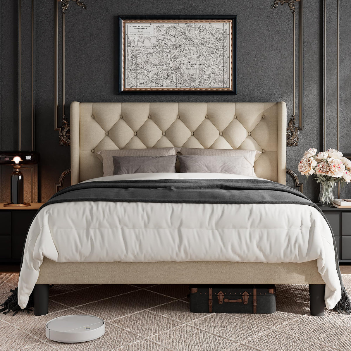 Queen Size Beige Upholstered Platform Bed Frame L82782