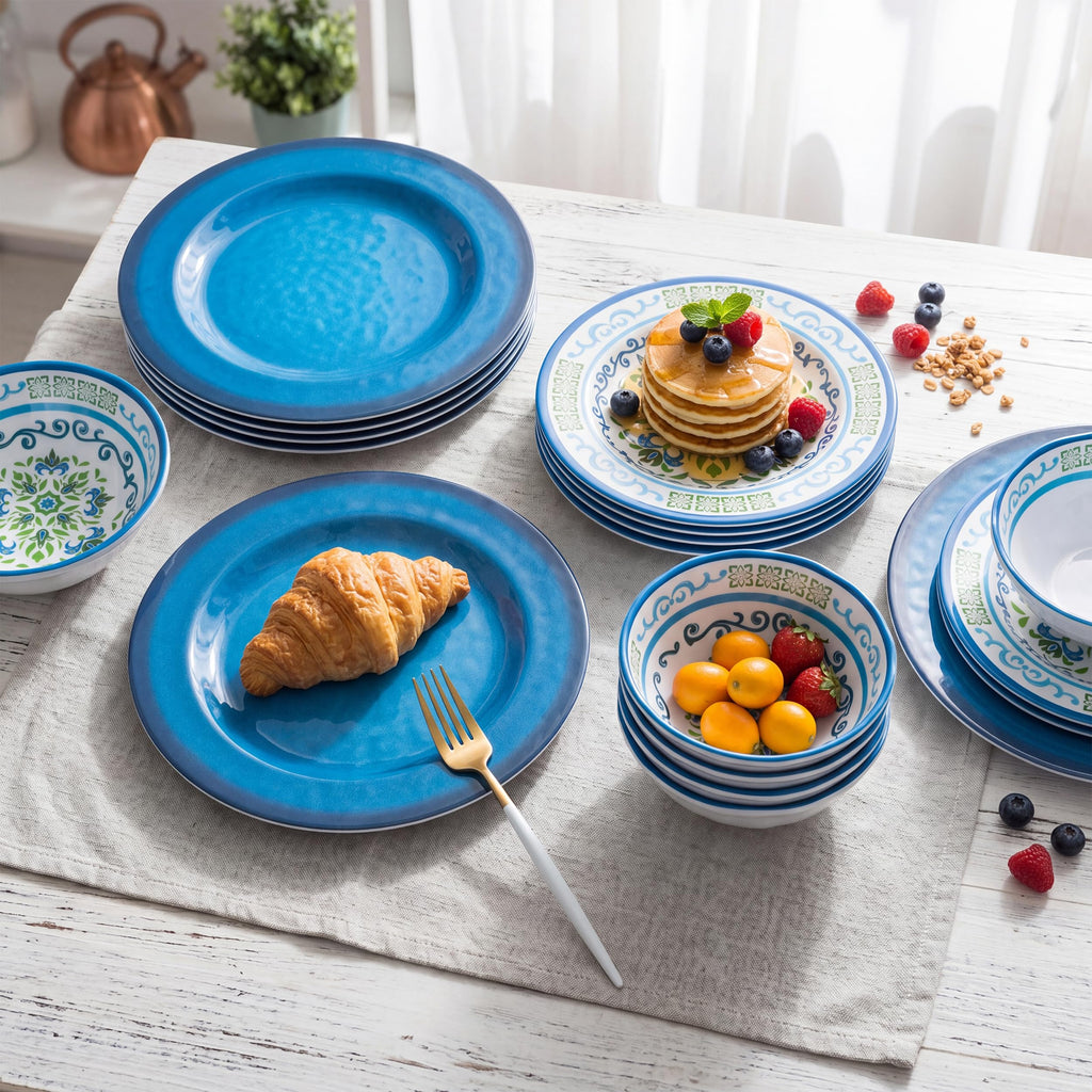 Melamine Dinnerware Set for 4, 12-Piece Blue Floral S893206