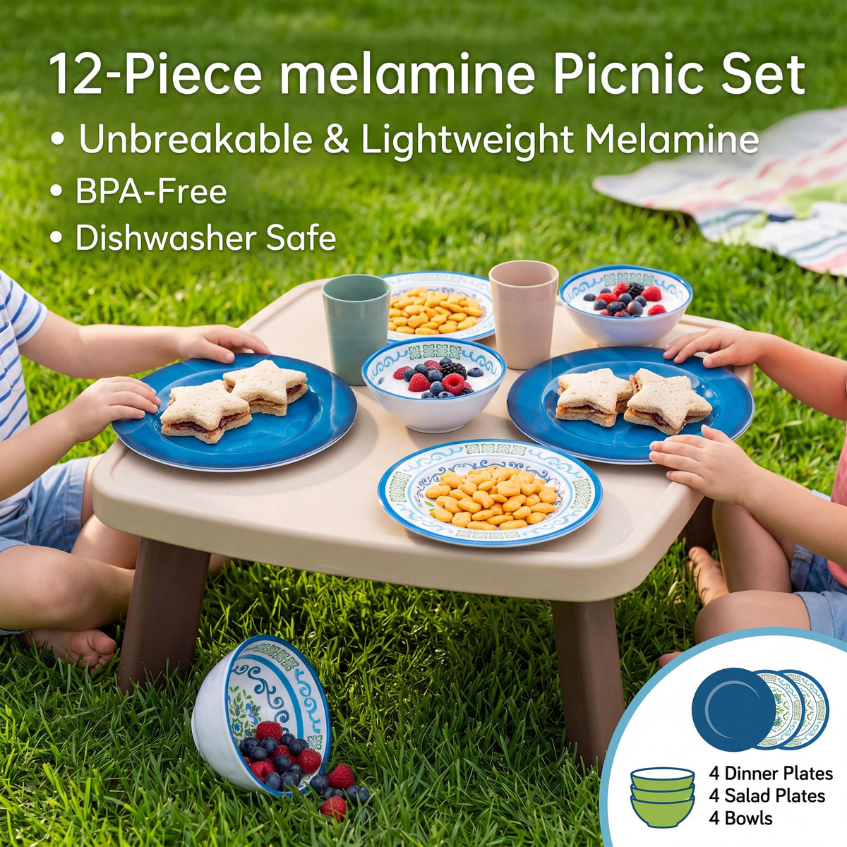 Melamine Dinnerware Set for 4, 12-Piece Blue Floral S893206