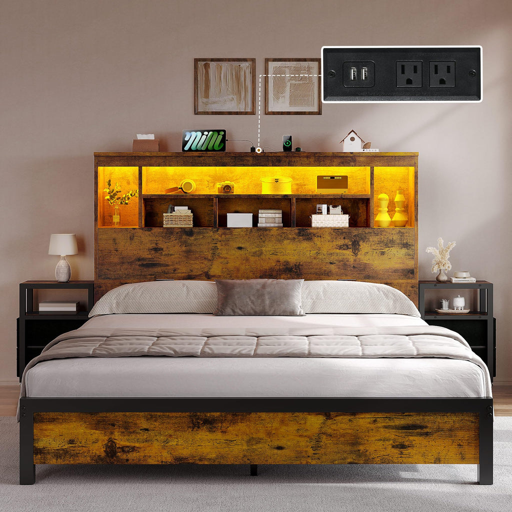 Queen Size Bed Frame with Storage Bookcase Headboard V901