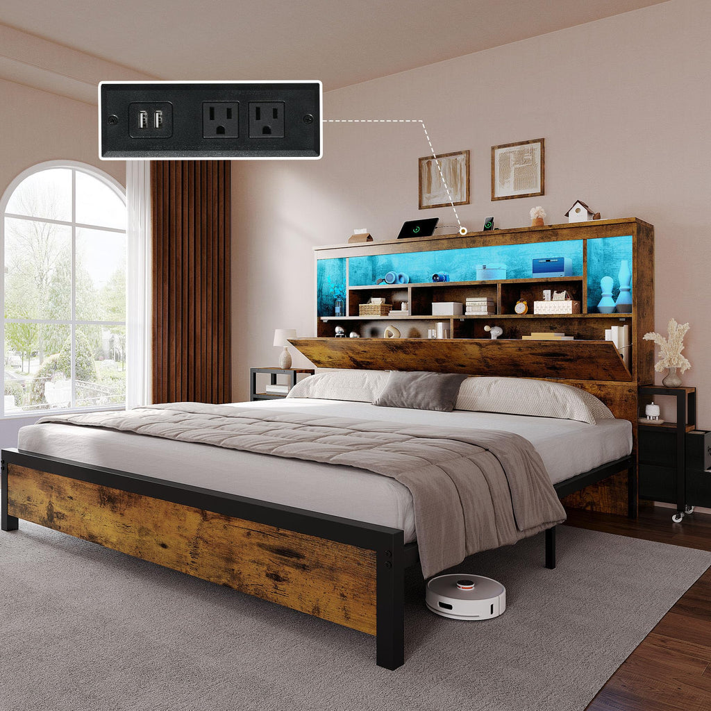 Queen Size Bed Frame with Storage Bookcase Headboard V901
