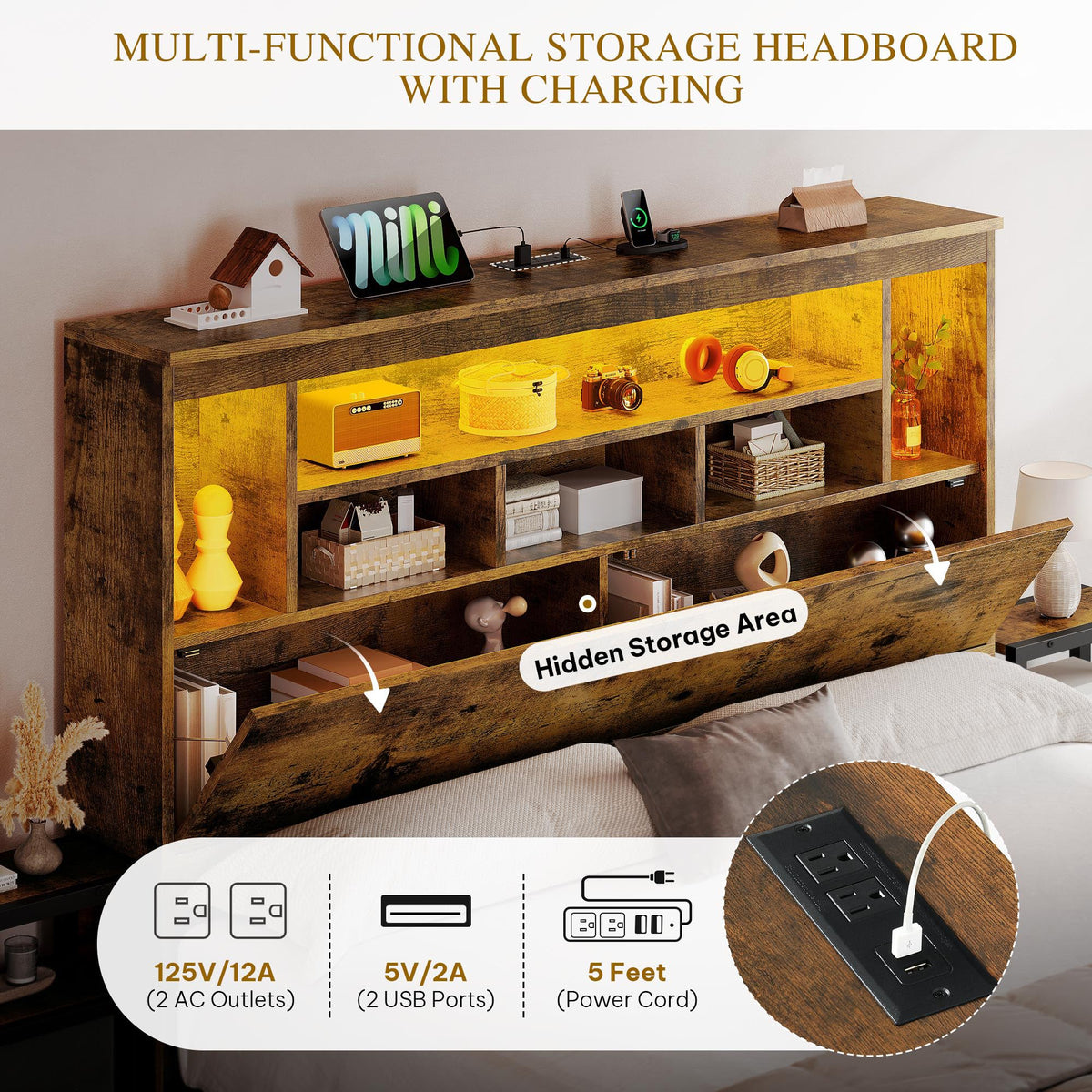Queen Size Bed Frame with Storage Bookcase Headboard V901