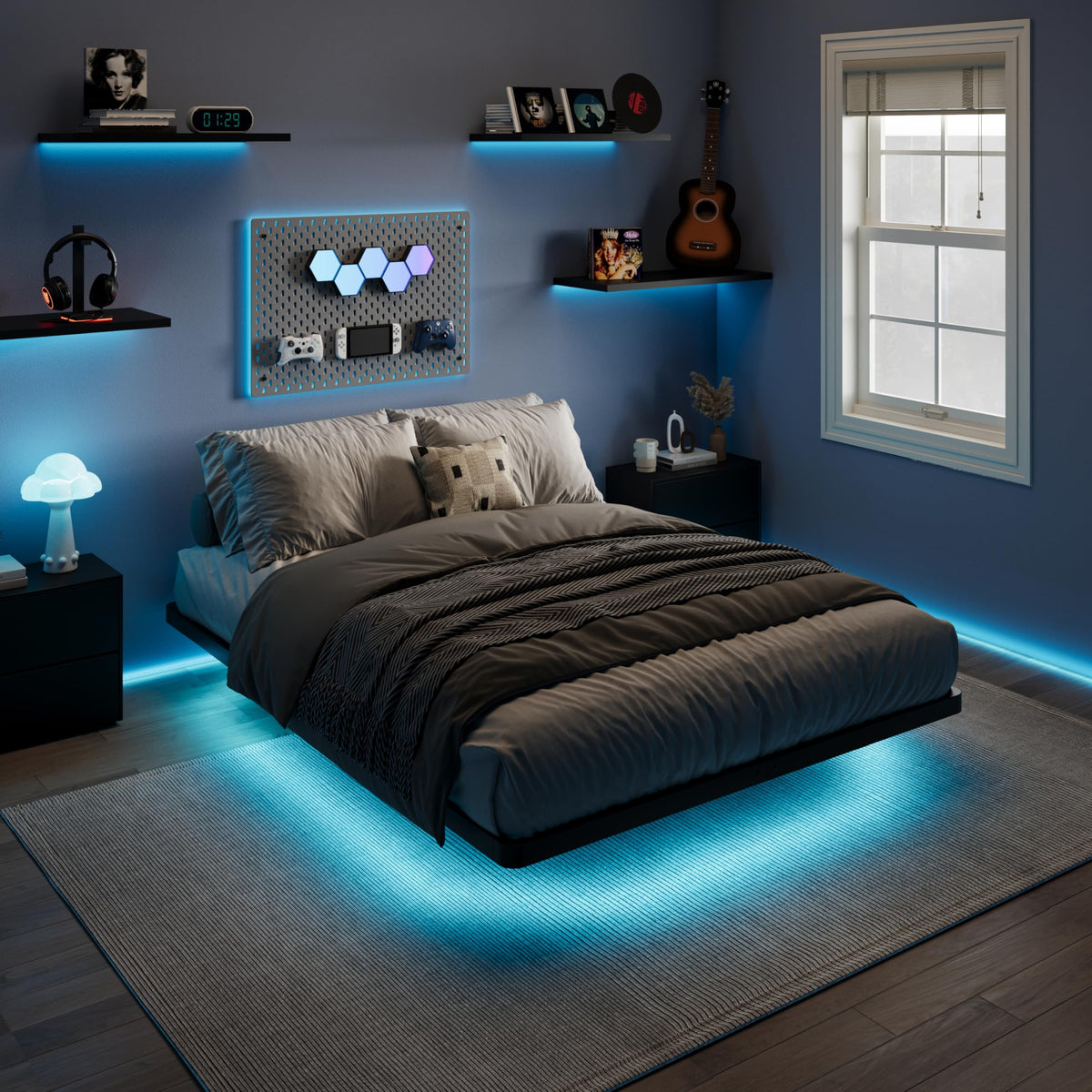 Full Size Floating Bed Frame with LED Lights, Black U114364