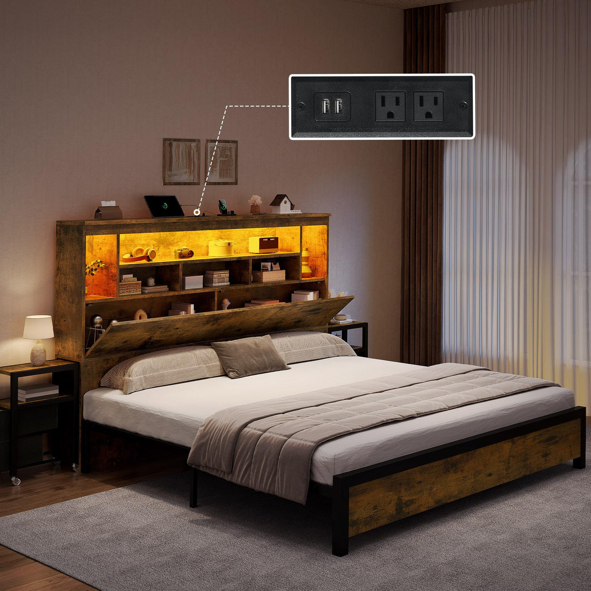 Queen Size Bed Frame with Storage Bookcase Headboard V901