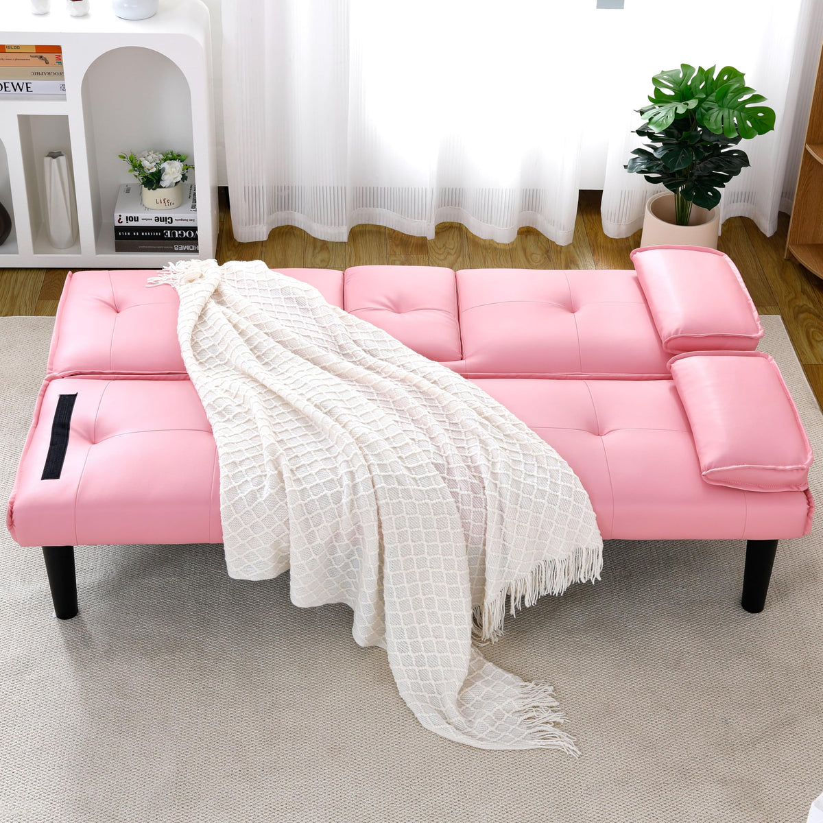 Pink 3 in 1 Convertible Sleeper Sofa Bed with Cup Holder J178