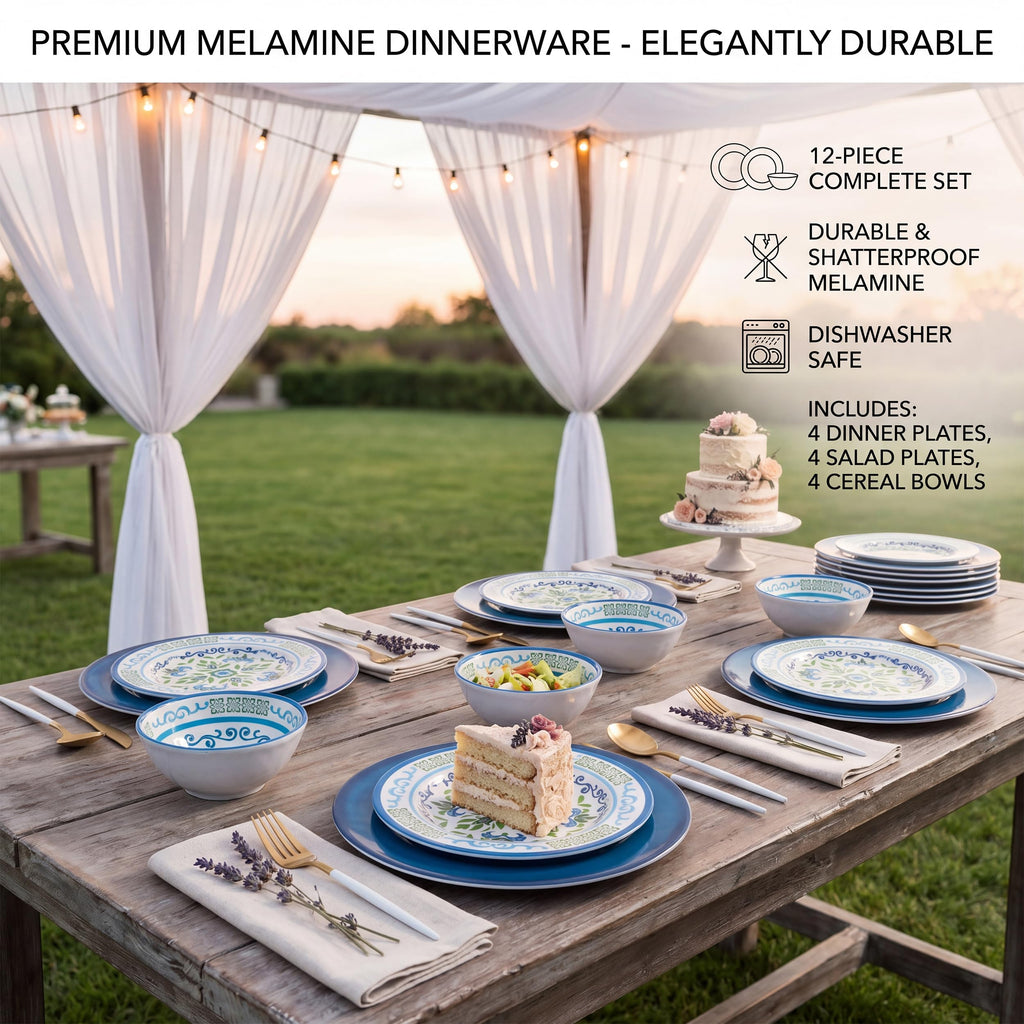 Melamine Dinnerware Set for 4, 12-Piece Blue Floral S893206