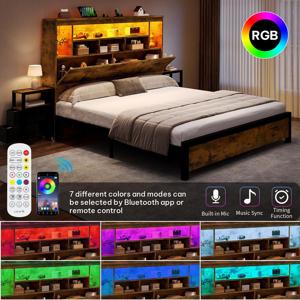 Queen Size Bed Frame with Storage Bookcase Headboard V901